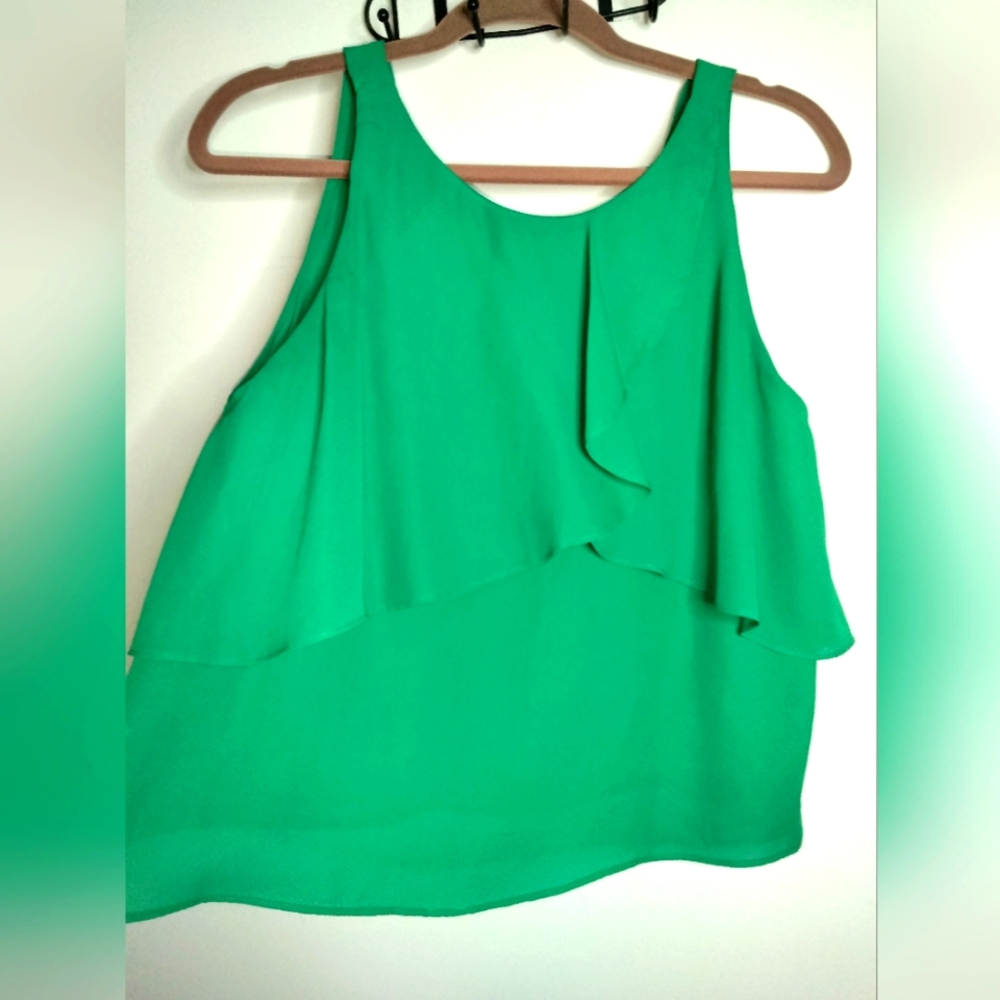 Miroa (Size M) Green Ruffle Layered Sleeveless Deep V Cut Back Tank Blouse Top